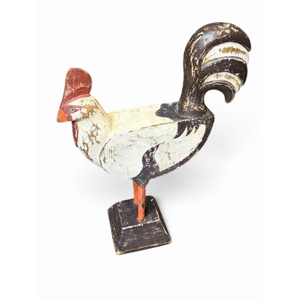 Vintage Hand Carved Painted Wooden Rooster Chicken Figure 16.5” Farmhouse Decor